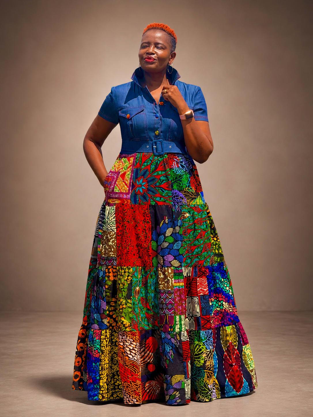 Patch Ankara Denim Maxi Dress