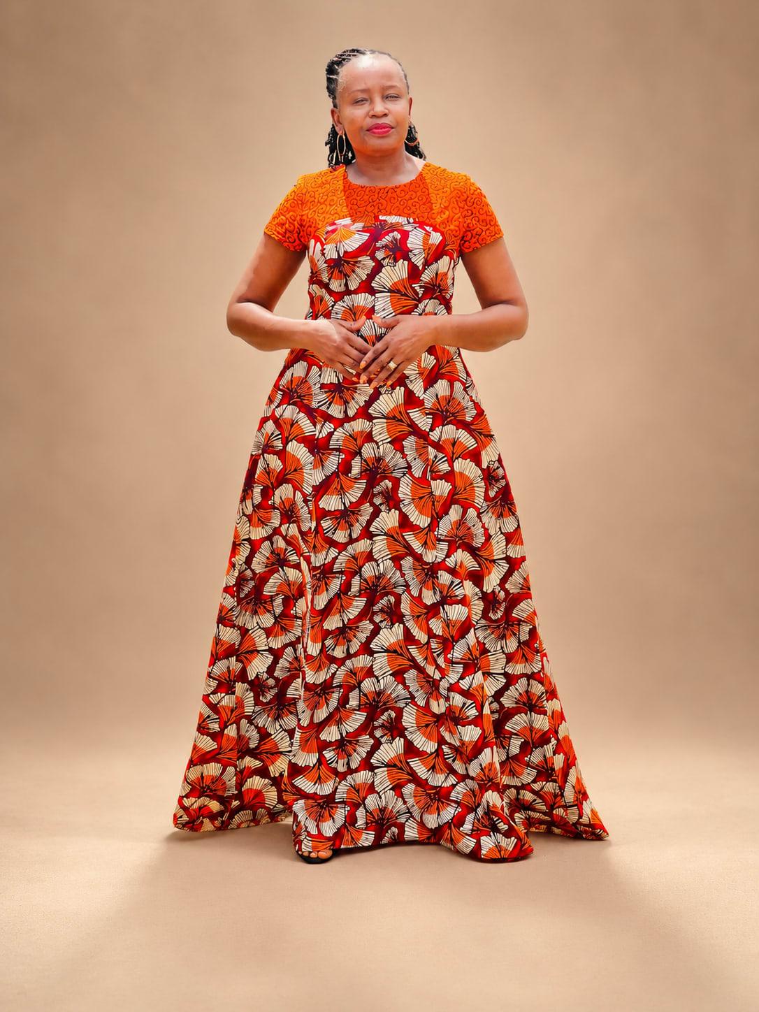 Short-Sleeve Two-Print Ankara Maxi Dress
