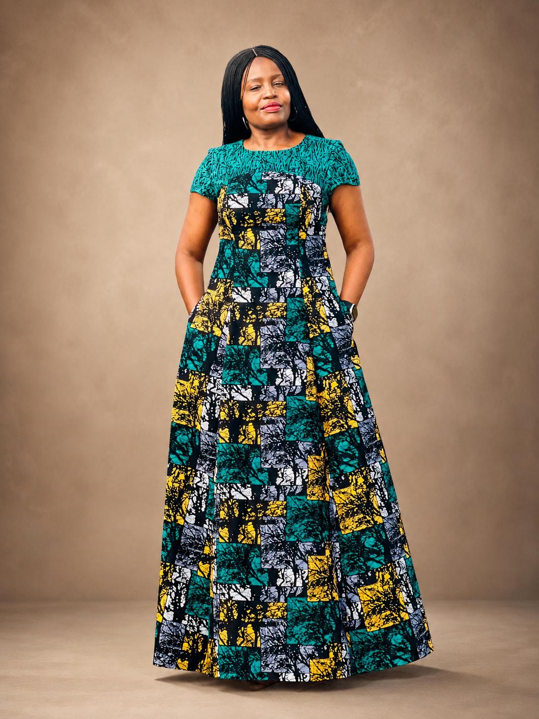 Two-Print Ankara Maxi Dress with Pockets