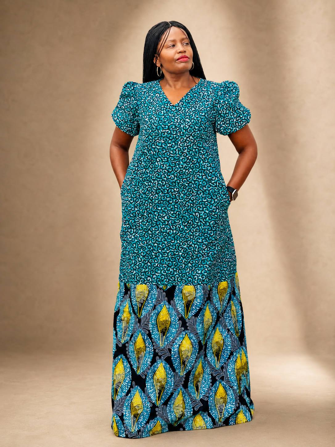 Puff-Sleeve Two-Print Ankara Maxi Dress