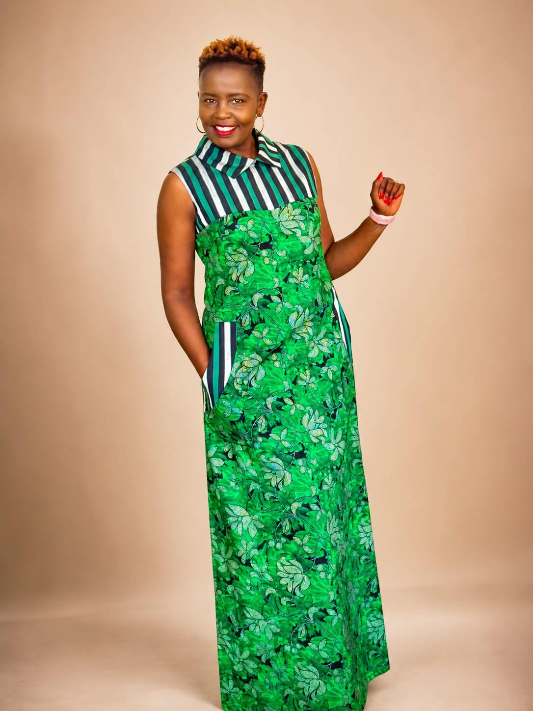 Collared Two-Print Ankara Maxi Dress with Pockets