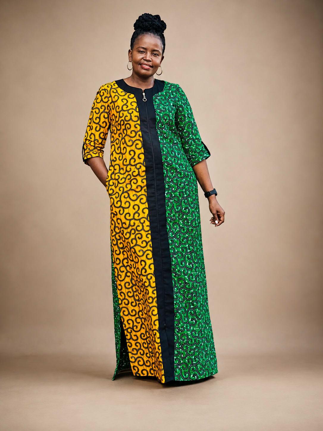 Colour-Block Two-Print Ankara Maxi Dress