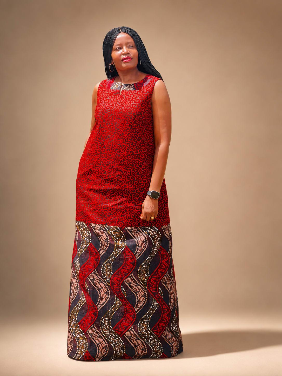 Sleeveless Two-Print Ankara Maxi Dress