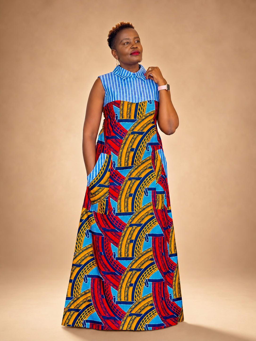 Collared Two-Print Ankara Maxi Dress with Pockets