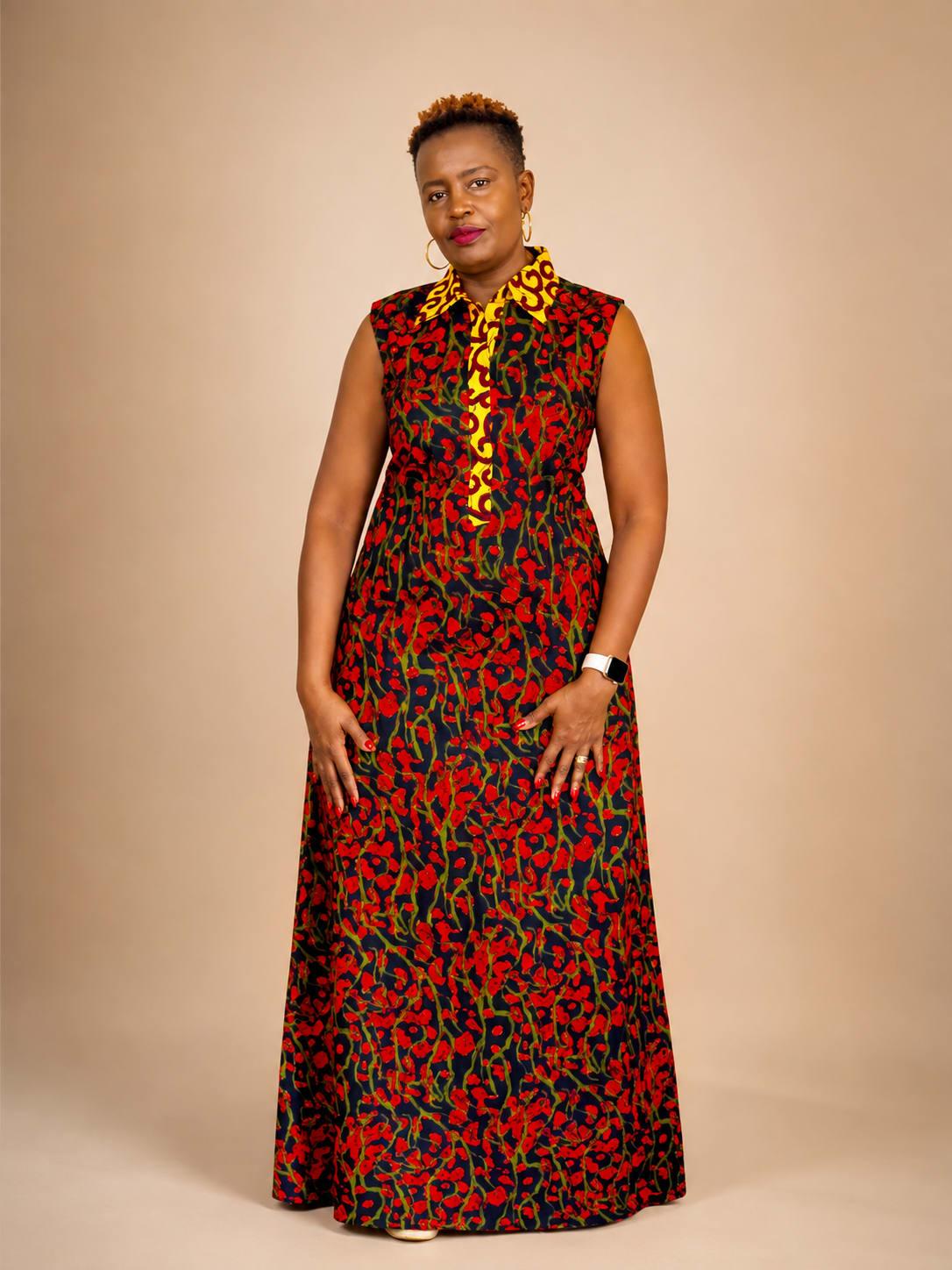 Sleeveless Collared Two-Print Ankara Maxi Dress